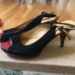 Black suede shoes cute red accent and leopard heel